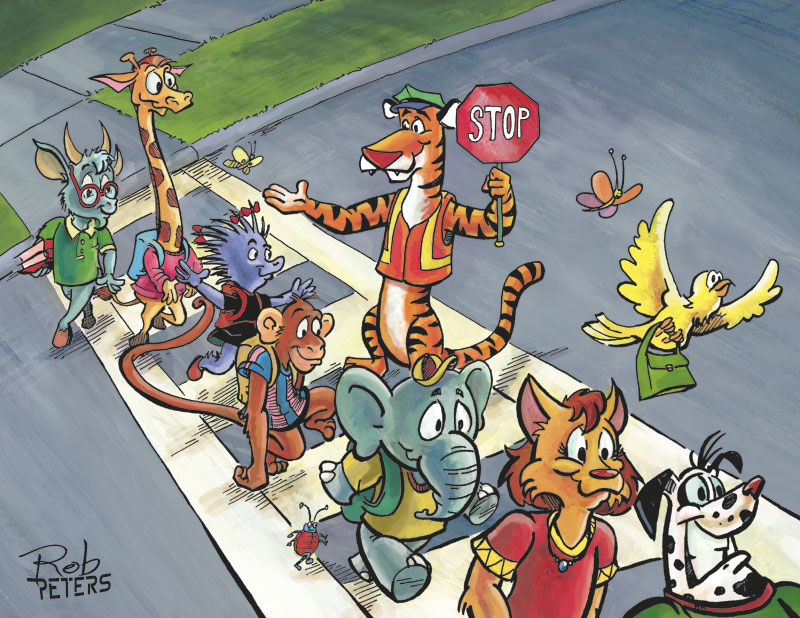 crosswalk animal children cross street on the way to school
